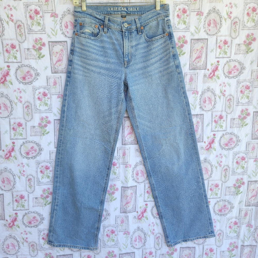 American Eagle Stonepipe Womens Size 2 Long High Rise Baggy Wide Leg Blue Jeans